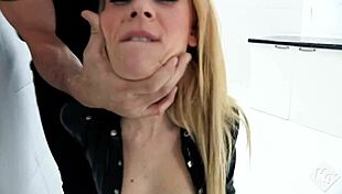 blonde latex slut rips bodysuit for big cock access.