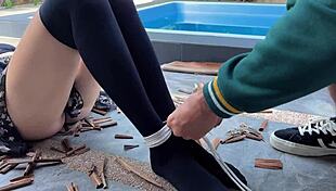 Hottie In STOCKINGS Gets TIED UP And TICKLED Outdoors