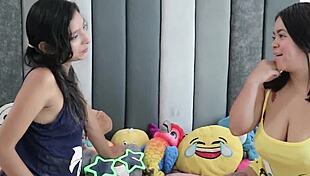 Brunette shares dick with friend in bisexual roleplay featuring kissing domination and spitting