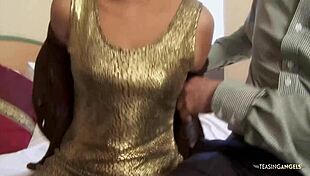 Asian slut in golden dress moans while vagina gets plowed and jerked