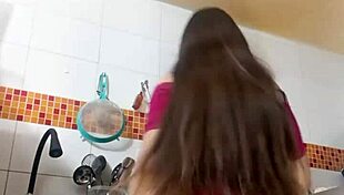 Latina aunt with giant cameltoe masturbates for her stepson, her marked vagina in leggings