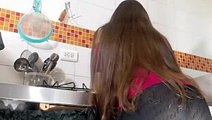 Latina aunt with giant cameltoe masturbates for her stepson, her marked vagina in leggings