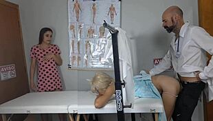 two naughty girls tease gynecologist with wet pussies
