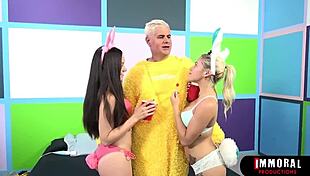 Easter bunny babes guzzle big black cocks in threesome