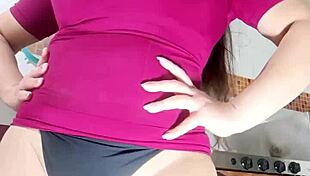 Latina aunt with giant cameltoe masturbates for her stepson, her marked vagina in leggings