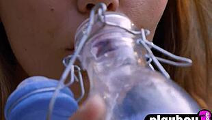 Beautiful blonde milf model Katya Clover shows perfect body while posing on the rain.