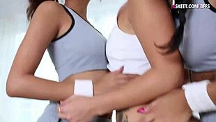 Three Brunette Teen 18+ Bffs in Lesbian Session with Kissing and Oral