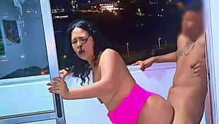 latina slut fucking and sucking cock on balcony overlooking public street in medellin wet blowjob frenetic fuck cars pass by road venezuelan bitch
