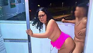 latina slut fucking and sucking cock on balcony overlooking public street in medellin wet blowjob frenetic fuck cars pass by road venezuelan bitch