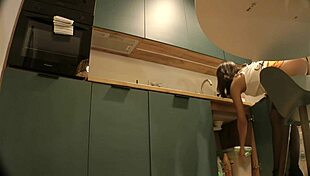 Panties Flash of a Cute Sexy Housewife on High Heels and Stockings in a Mini Short Skirt