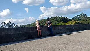 a fat latina milf with striking blue eyes gets bent over for doggystyle sex on the street, taking cum in mouth