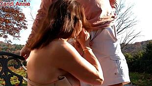 Mature Candi Annie milks cock outdoors and swallows