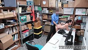 Is this brunette's big tit blowjob a cover for her habitual theft? Police in uniform investigate.