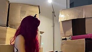 Red-Haired Teen Beauty Dances Striptease and Prepares Machine