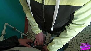 Risky blowjob on public staircase. Brunette teen sucks huge cock outdoors.