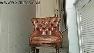 guy of big dick takes armchair to bathroom and masturbates