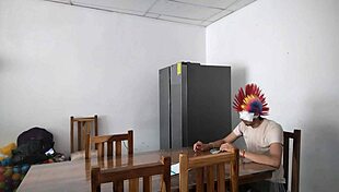 Latina Housemaid Touches Body Sensually, Flirts with Dildo, Feeds Blind Man