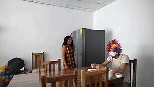 Latina Housemaid Touches Body Sensually, Flirts with Dildo, Feeds Blind Man