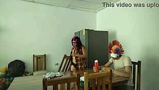 Latina Housemaid Touches Body Sensually, Flirts with Dildo, Feeds Blind Man