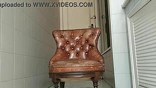 guy of big dick takes armchair to bathroom and masturbates