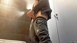 Amateur risks public bathroom masturbation with big cock