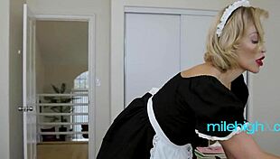 asian milf dominates busty maid with strapon