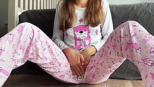 Teen In Pajamas Masturbates Small Tits And Squirts