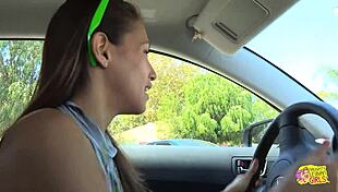 Watch the lesbian magic unfold when her friend enters the car with this brunette girl.