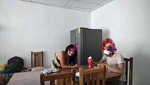 Latina Housemaid Touches Body Sensually, Flirts with Dildo, Feeds Blind Man