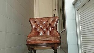 guy of big dick takes armchair to bathroom and masturbates