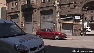 Blonde woman bound in latex explores public exhibitionism