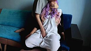 Is this cute purple-haired girl delighted with my penis?