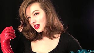 Experienced housewife gives dirty talk while flashing in leather skirt