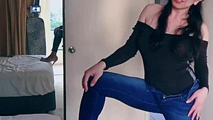 Pretty Asian ladyboy strips jeans, shows big boobs 😏