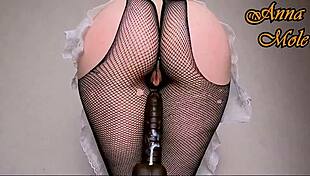 pawg in sexy clothes and latex gloves enjoys having a dildo penetrate her pussy