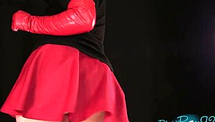 Experienced housewife gives dirty talk while flashing in leather skirt
