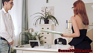 redhead office babe susana melo works closeup at desk