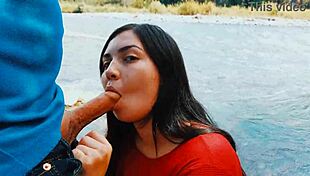 Latina wife risks passionate blowjob outdoors in nature with natural tits exposed