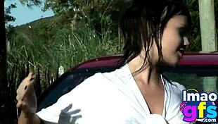 Two hot brunettes naked at carwash showing big tits and ass