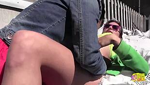 Brunette takes massive dildo in tight pussy