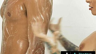 Tattooed beauty joanna angel and stepbrother test nuru massage!