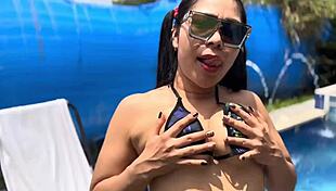 Horny slut masturbates outdoors in public pool, exposing pussy and tits, craving cock and cum