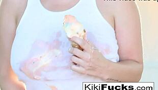 Kiki's getting all sexy and messy with ice cream, masturbating solo in her nude milf style