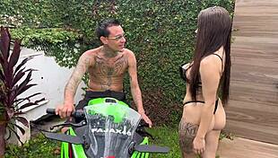 Watch her get pounded in intense anal sex on the motorcycle!