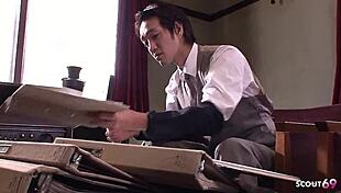 japanese teen 18+ secretary with glasses seduce to suck fat cock of old ugly guy in uncensored jav