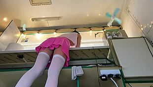 Super slim eighteen year old chick works in pear thongs braless