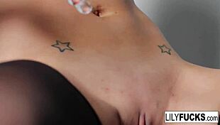 Lily plays with her tight pussy and puts a dildo in her ass