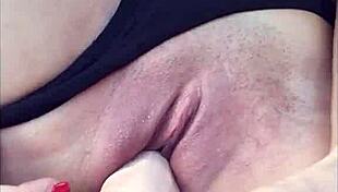 Hey, while boyfriend drives, I tease with toy and cum on seat.