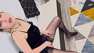 brunette slut in black pantyhose begs for anal fucking