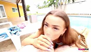 She delivers quick poolside blowjob to me, teasing with small tits